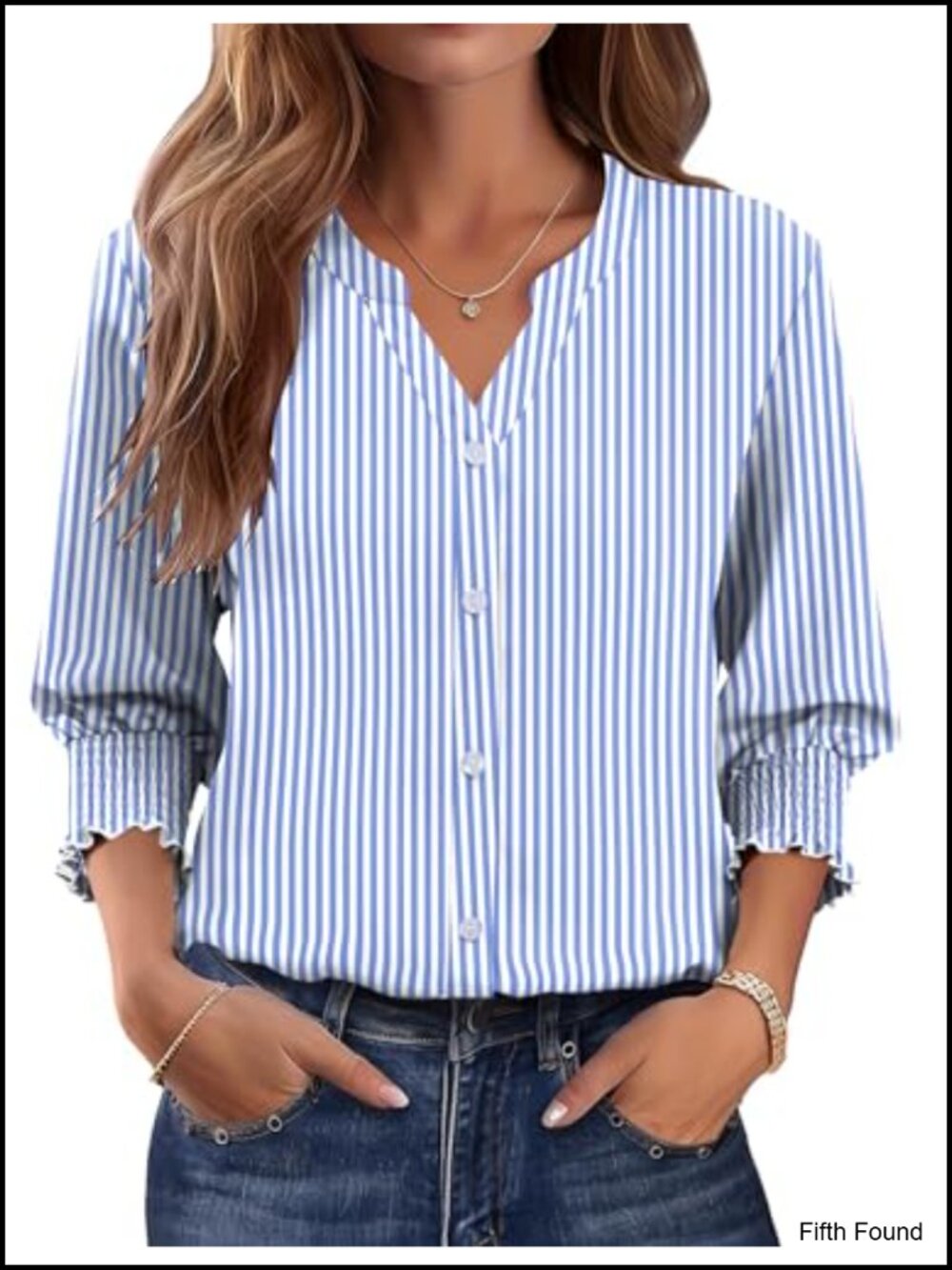 Womens 3/4 Sleeve Button Down Blouse V-Neck Smocked Business Casual Top